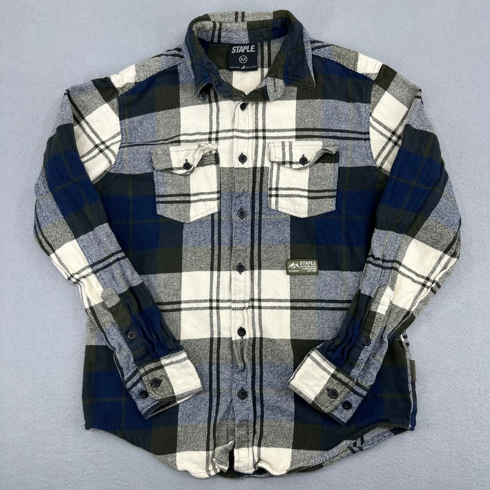 Staple Pigeon Mens Plaid Flannel Shirt Blue Green White Graphic Back Medium